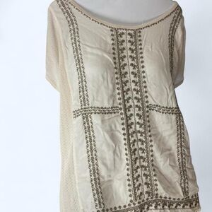 Lucky Brand Cream and brown boho blouse with a relaxed fit L/XL